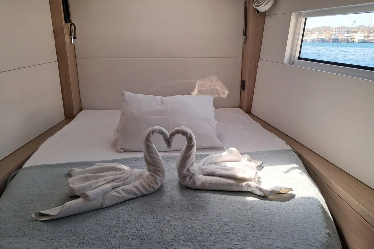 Cabin on Mythos, a Lagoon 51 catamaran at Lavreotiki, Greece