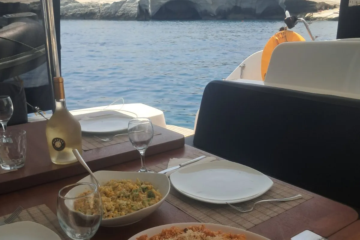 Deck of Mythos, a Lagoon 51 catamaran at Lavreotiki, Greece