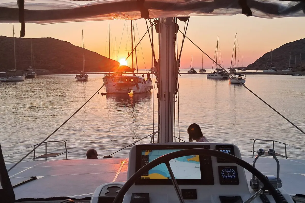 Cockpit of Mythos, a Lagoon 51 catamaran at Lavreotiki, Greece