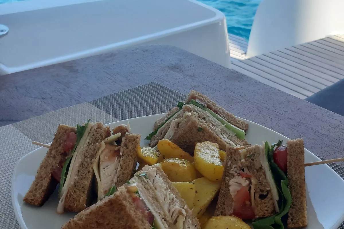 Deck of Mythos, a Lagoon 51 catamaran at Lavreotiki, Greece