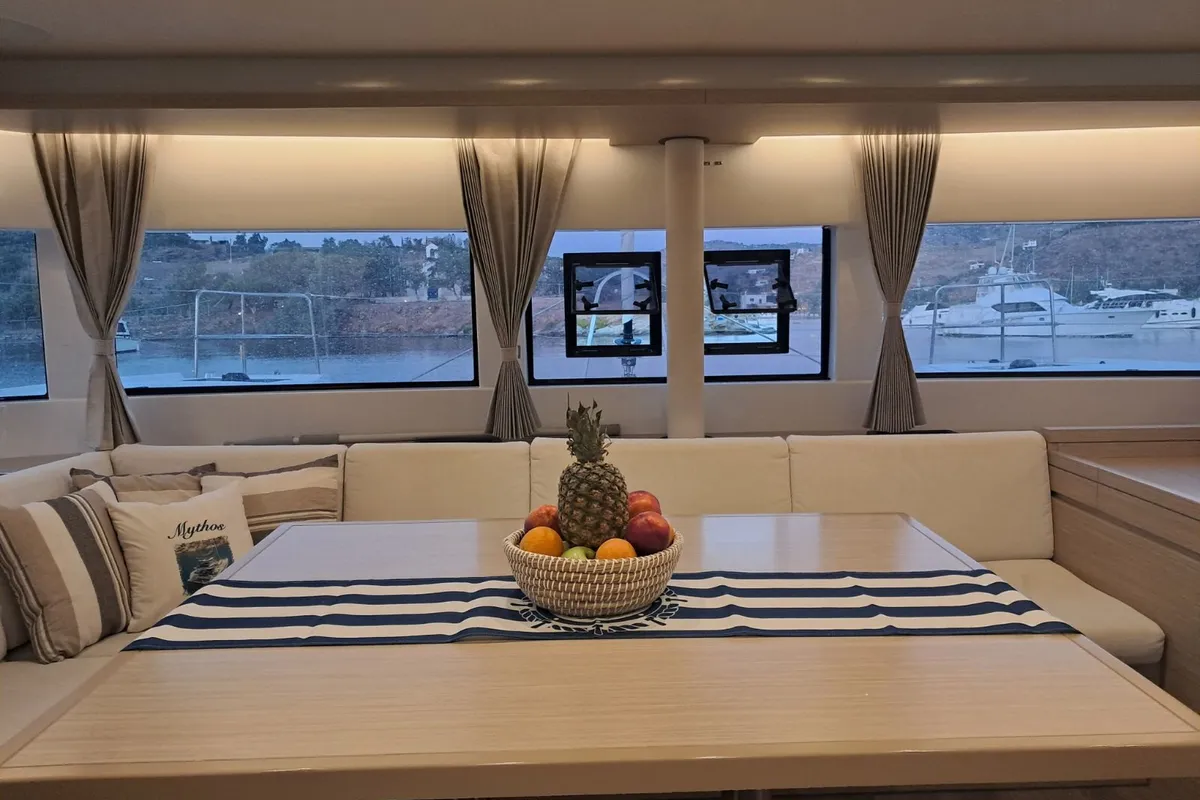 Salon of Mythos, a Lagoon 51 catamaran at Lavreotiki, Greece