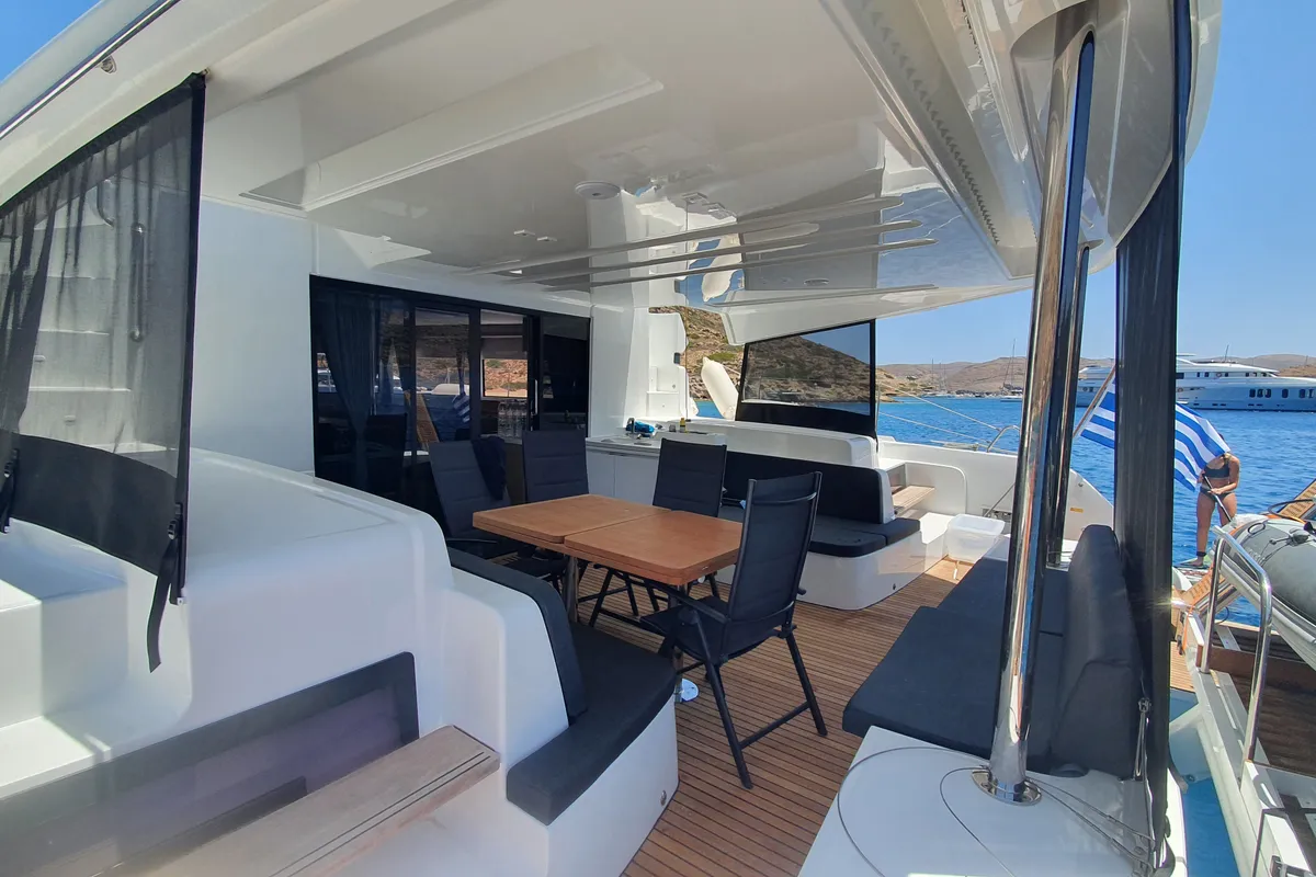 Deck of Mythos, a Lagoon 51 catamaran at Lavreotiki, Greece