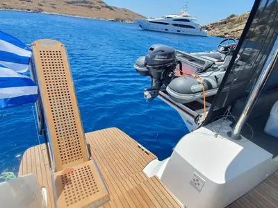 Deck of Mythos, a Lagoon 51 catamaran at Lavreotiki, Greece