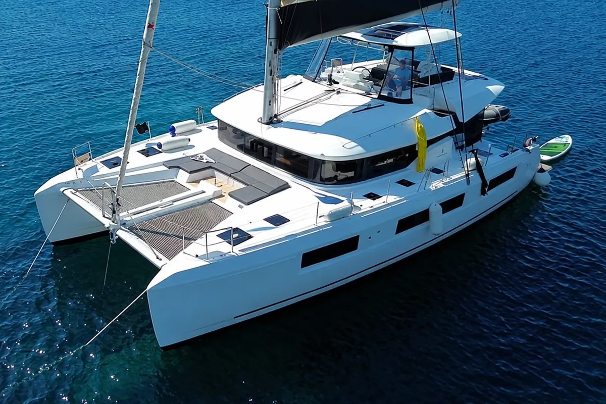 Exterior view of Mythos, a Lagoon 51 catamaran at Lavreotiki, Greece