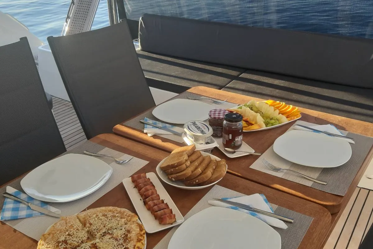 Deck of Mythos, a Lagoon 51 catamaran at Lavreotiki, Greece