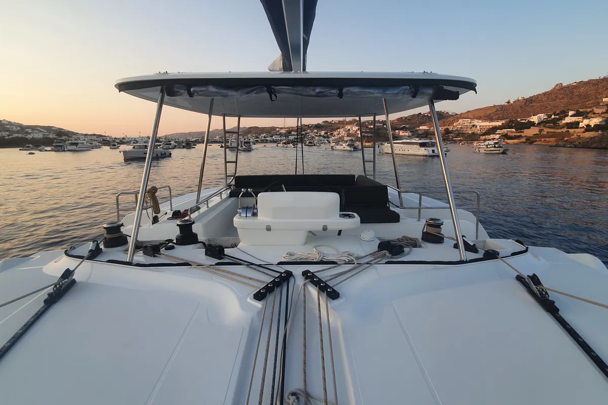 Deck of Mythos, a Lagoon 51 catamaran at Lavreotiki, Greece