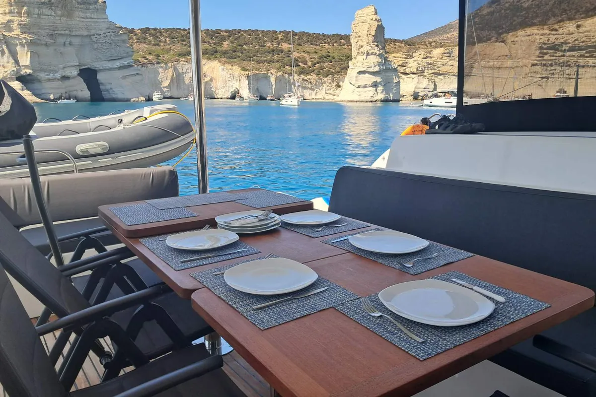 Deck of Mythos, a Lagoon 51 catamaran at Lavreotiki, Greece