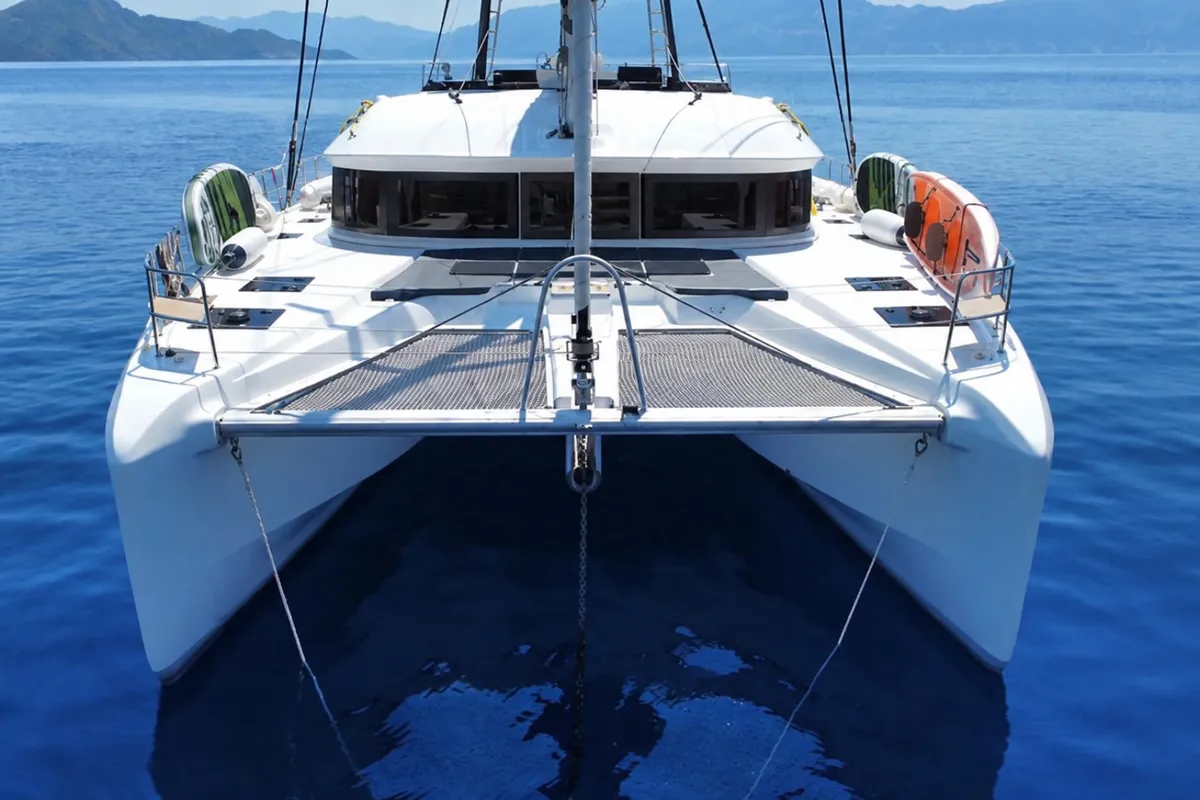 Exterior view of Mythos, a Lagoon 51 catamaran at Lavreotiki, Greece