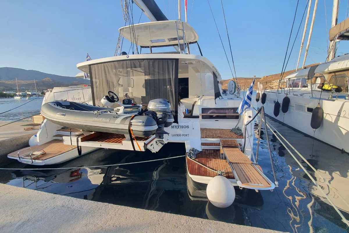 Exterior view of Mythos, a Lagoon 51 catamaran at Lavreotiki, Greece