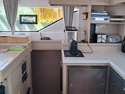 Galley of Mythos, a Lagoon 51 catamaran at Lavreotiki, Greece