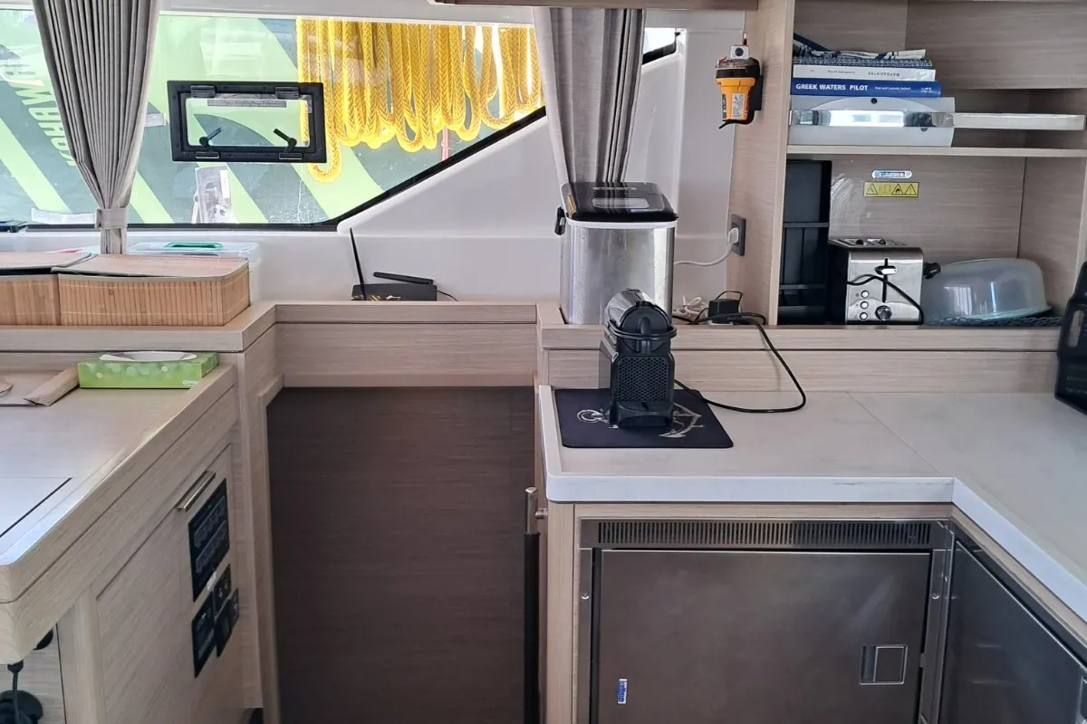 Galley of Mythos, a Lagoon 51 catamaran at Lavreotiki, Greece