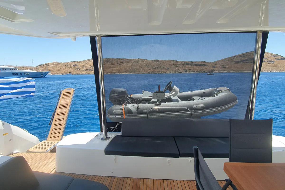 Deck of Mythos, a Lagoon 51 catamaran at Lavreotiki, Greece