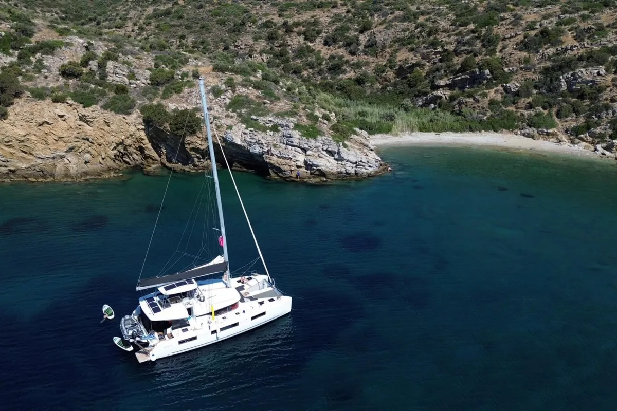 Exterior view of Mythos, a Lagoon 51 catamaran at Lavreotiki, Greece