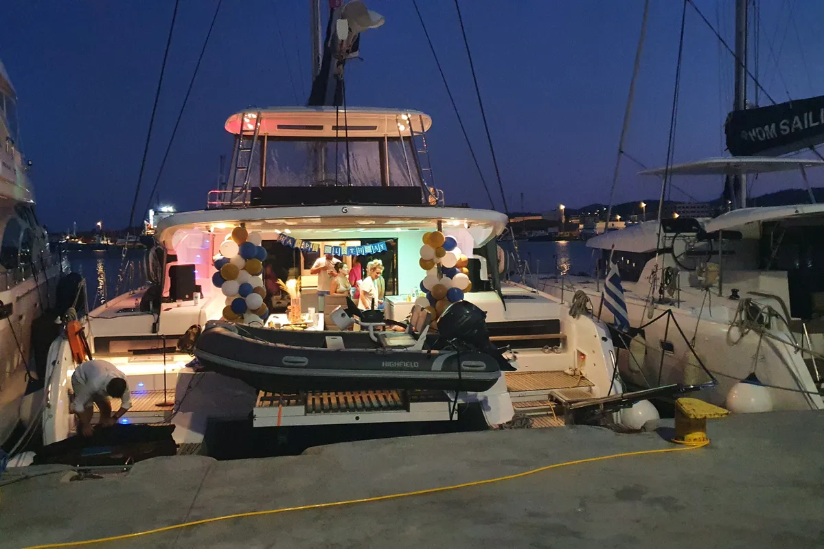 Exterior view of Mythos, a Lagoon 51 catamaran at Lavreotiki, Greece