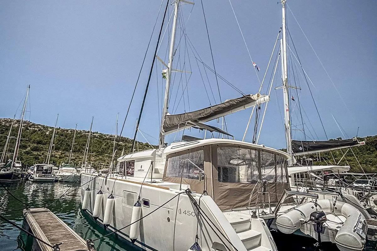 Exterior view of Red Twin, a Lagoon 450 F catamaran at Primošten, Croatia