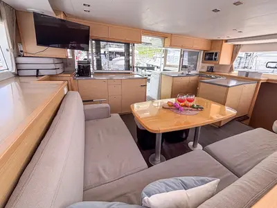 Salon of Red Twin, a Lagoon 450 F catamaran at Primošten, Croatia