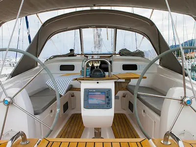 Cockpit of Aline, a Elan Impression 434 sailboat at Grad Biograd na Moru, Croatia
