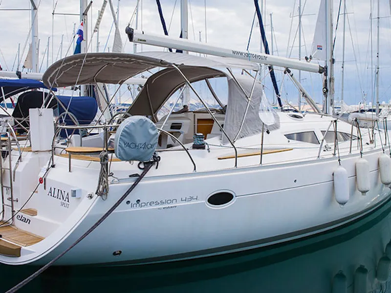 Exterior view of Aline, a Elan Impression 434 sailboat at Grad Biograd na Moru, Croatia