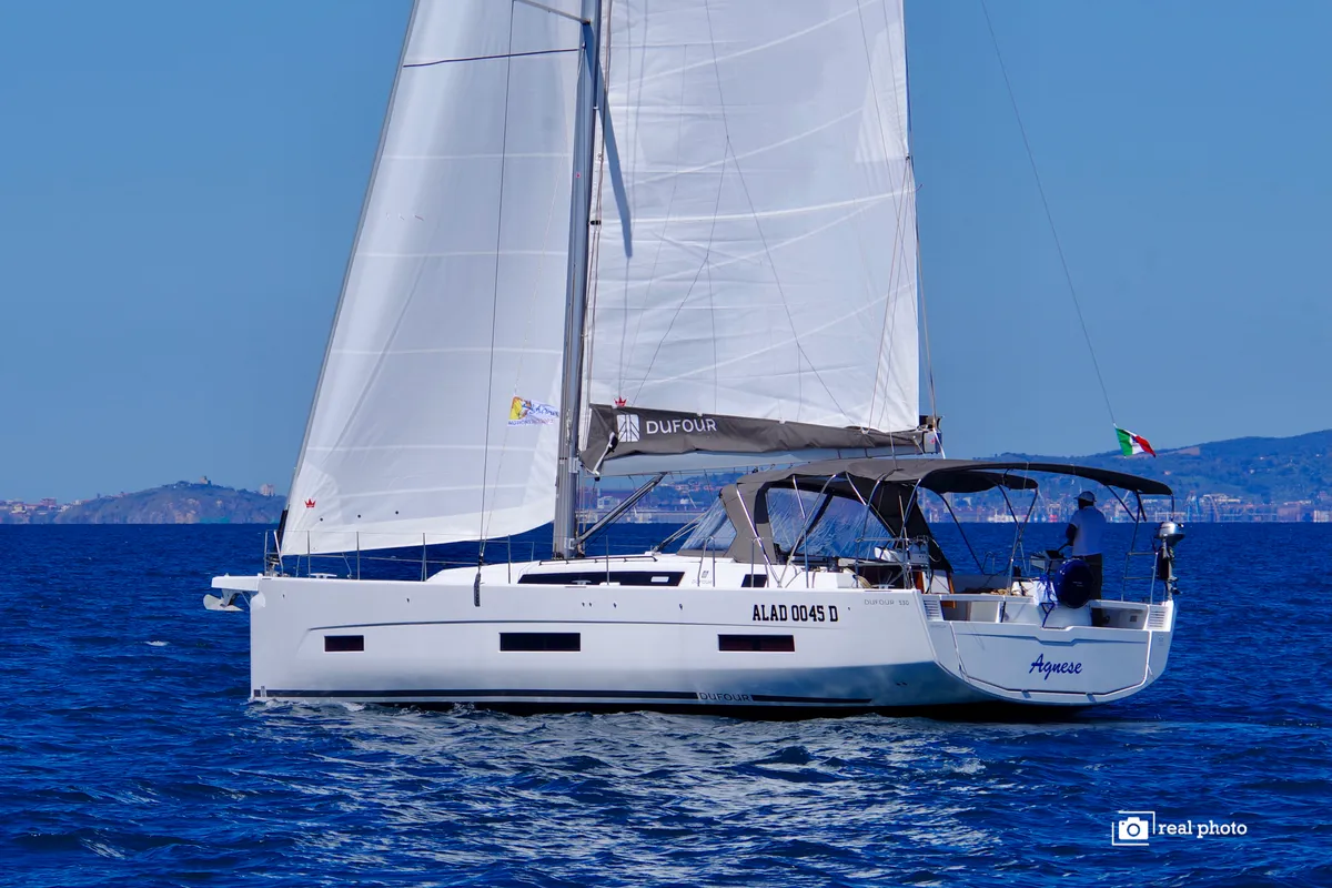 Exterior view of Agnese, a Dufour 530 sailboat at Puntone di Scarlino, Italy