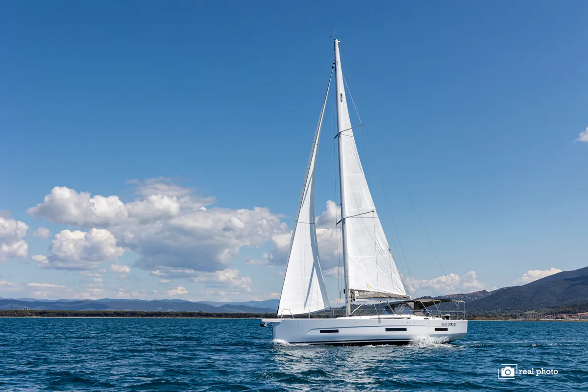 Exterior view of Agnese, a Dufour 530 sailboat at Puntone di Scarlino, Italy