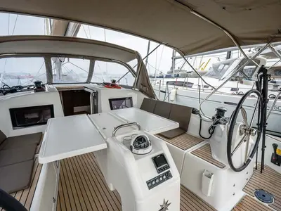 Cockpit of Della Grazia, a Jeanneau Sun Odyssey 410 sailboat at Lavreotiki Municipal Unit, Greece