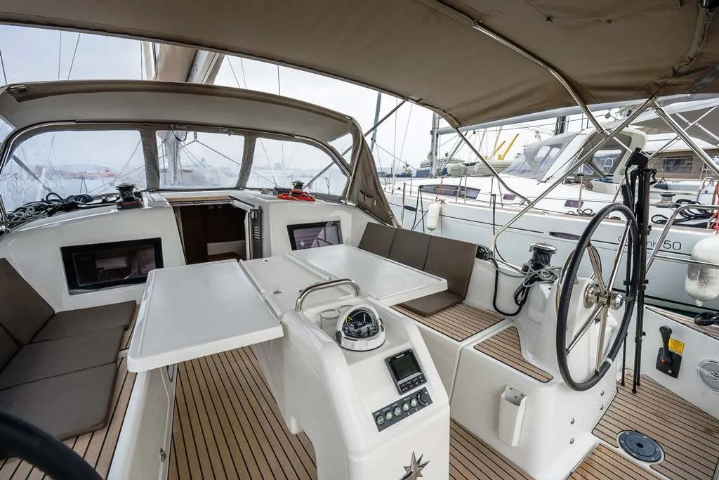 Cockpit of Della Grazia, a Jeanneau Sun Odyssey 410 sailboat at Lavreotiki Municipal Unit, Greece