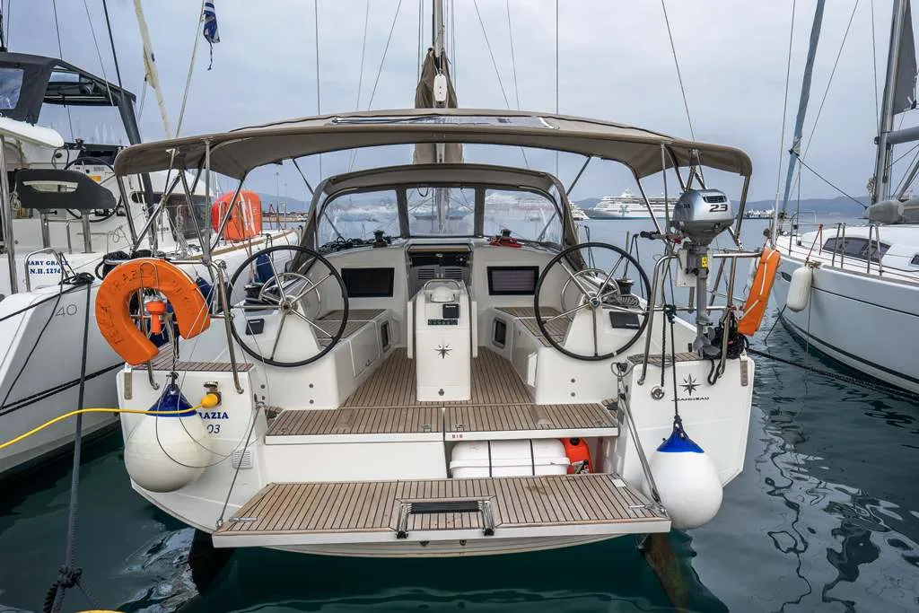 Exterior view of Della Grazia, a Jeanneau Sun Odyssey 410 sailboat at Lavreotiki Municipal Unit, Greece