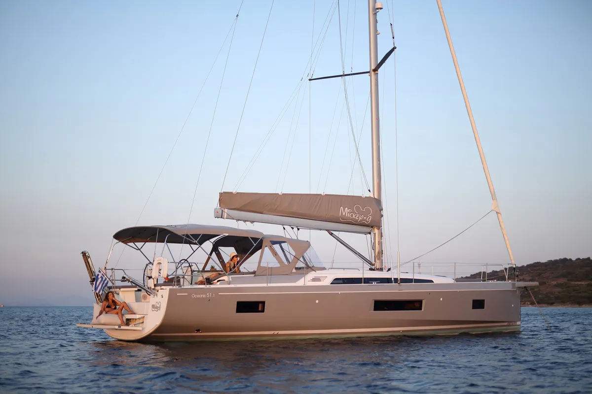 Exterior view of Premium +, a Beneteau Oceanis 51.1 sailboat at Athens, Greece