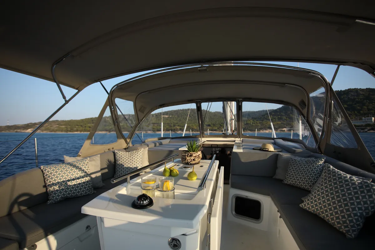 Exterior view of Premium +, a Beneteau Oceanis 51.1 sailboat at Athens, Greece