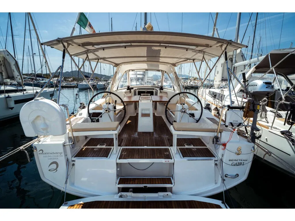 Exterior view of Gabri, a Beneteau Oceanis 38 sailboat at Olbia, Italy