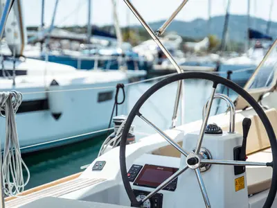 Cockpit of Gabri, a Beneteau Oceanis 38 sailboat at Olbia, Italy