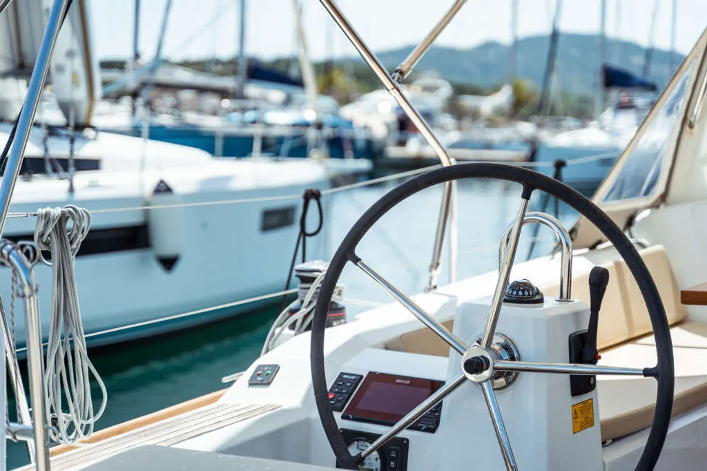 Cockpit of Gabri, a Beneteau Oceanis 38 sailboat at Olbia, Italy