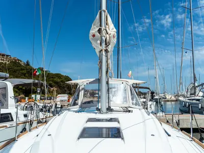 Deck of Gabri, a Beneteau Oceanis 38 sailboat at Olbia, Italy