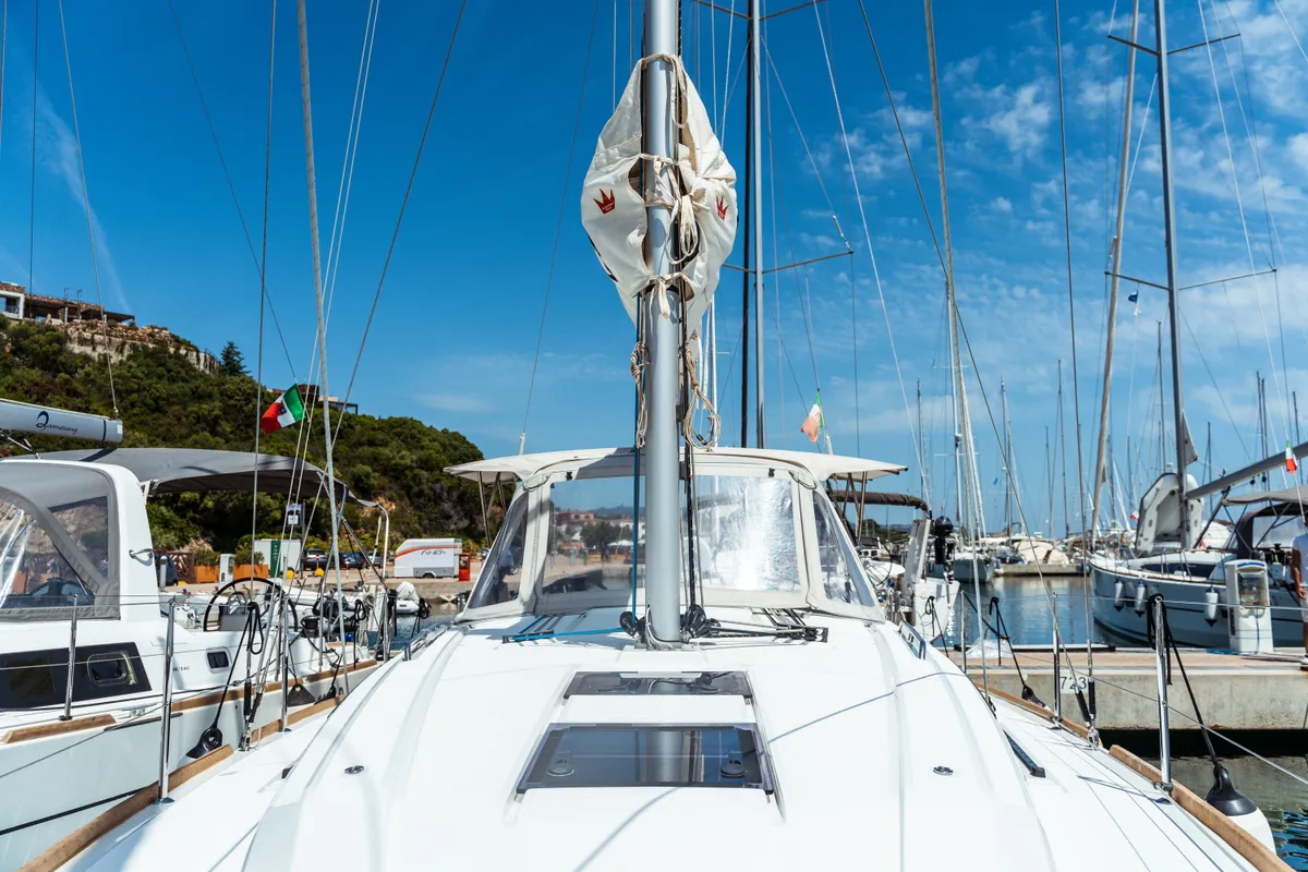 Deck of Gabri, a Beneteau Oceanis 38 sailboat at Olbia, Italy