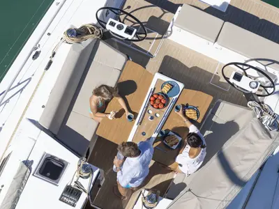 Deck of Penelope, a Dufour 43 sailboat at Volos, Greece