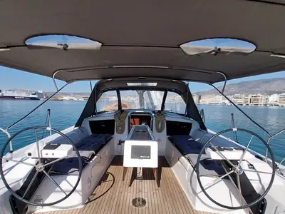 Cockpit of Penelope, a Dufour 43 sailboat at Volos, Greece