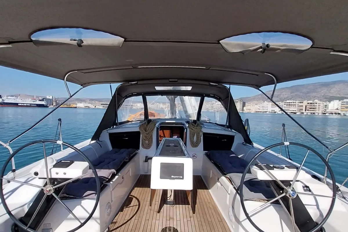 Cockpit of Penelope, a Dufour 43 sailboat at Volos, Greece