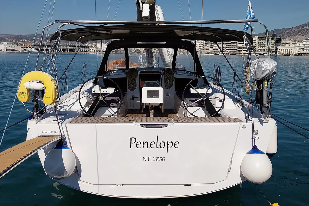 Exterior view of Penelope, a Dufour 43 sailboat at Volos, Greece