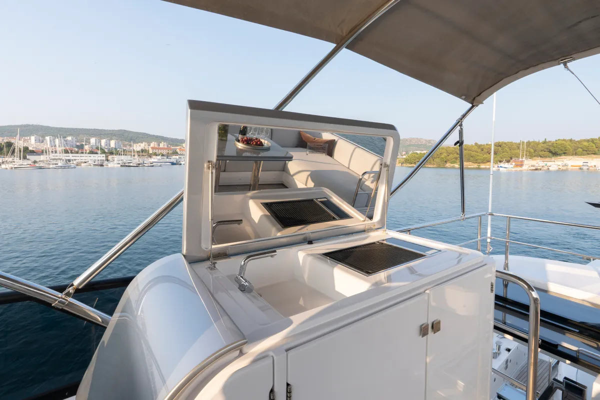 Deck of Felicita, a Azimut S7 motor yacht at Grad Šibenik, Croatia