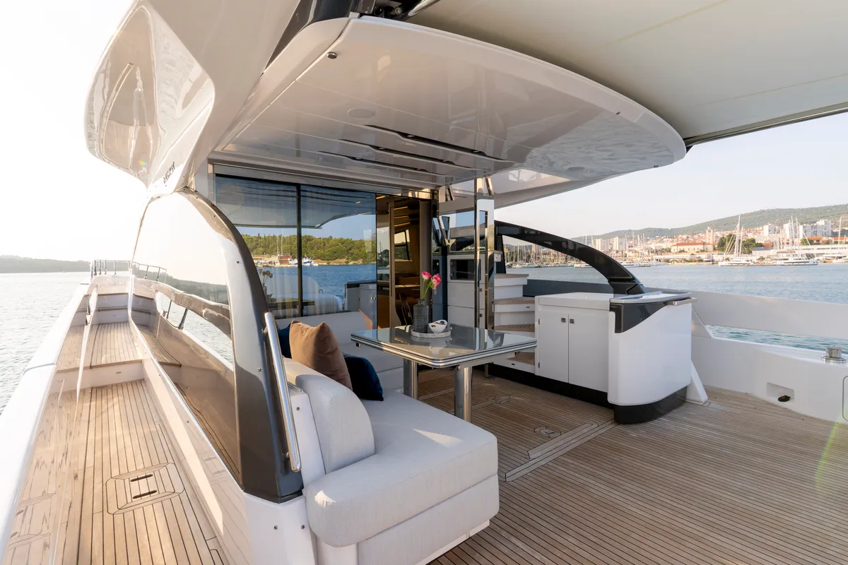 Deck of Felicita, a Azimut S7 motor yacht at Grad Šibenik, Croatia