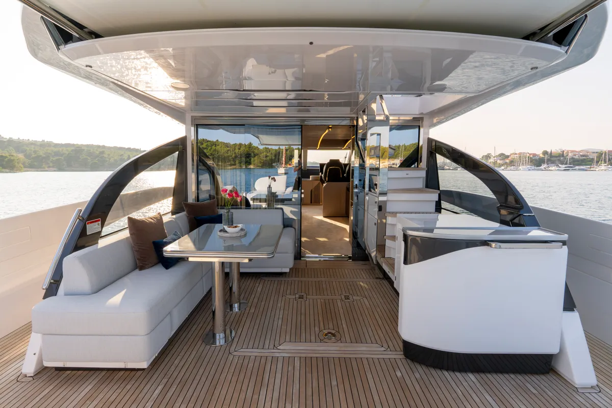 Deck of Felicita, a Azimut S7 motor yacht at Grad Šibenik, Croatia