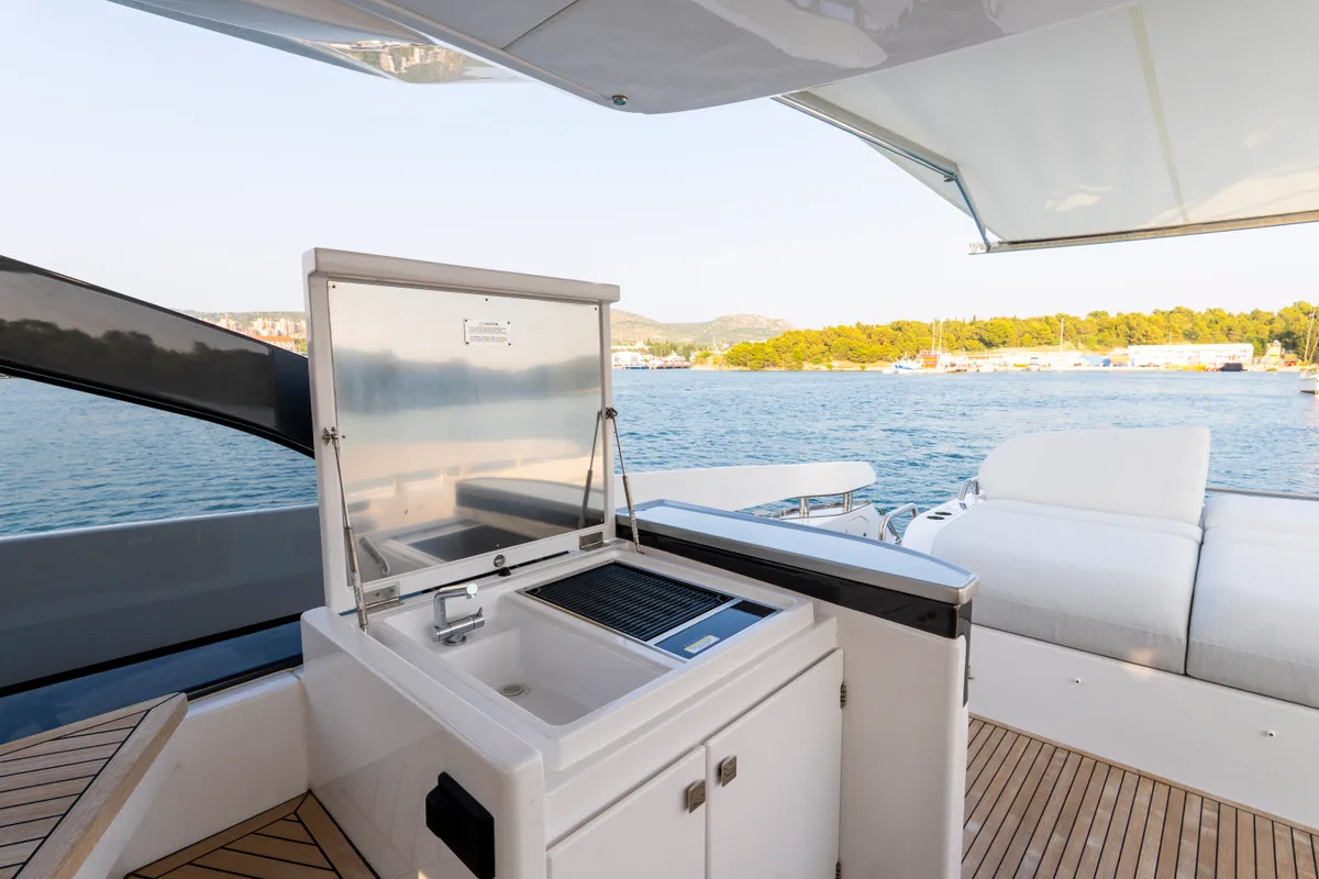 Deck of Felicita, a Azimut S7 motor yacht at Grad Šibenik, Croatia