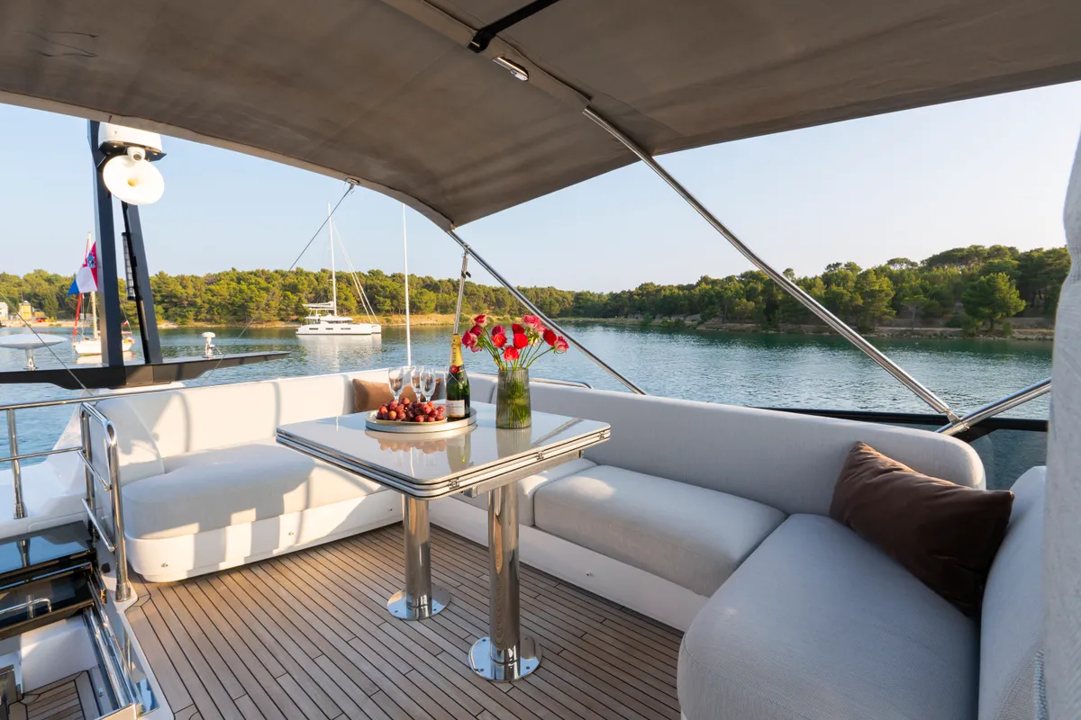 Deck of Felicita, a Azimut S7 motor yacht at Grad Šibenik, Croatia