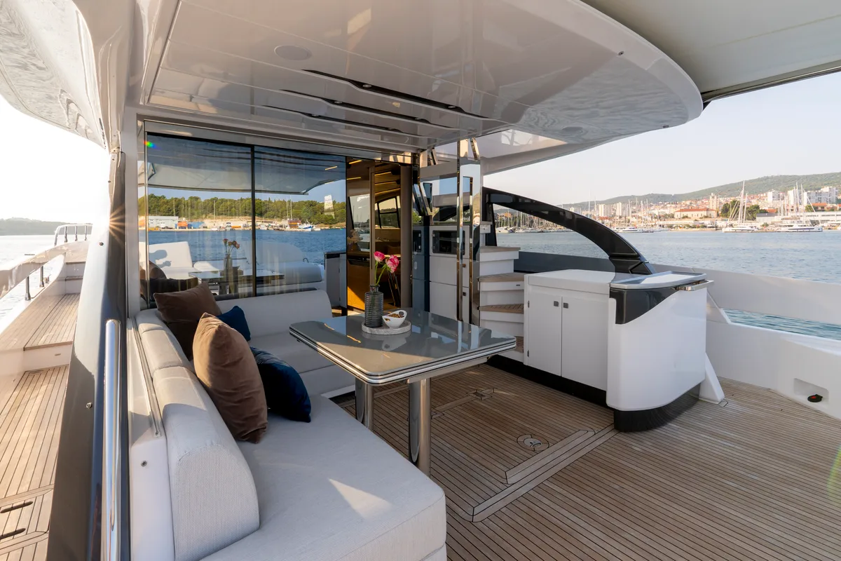 Deck of Felicita, a Azimut S7 motor yacht at Grad Šibenik, Croatia