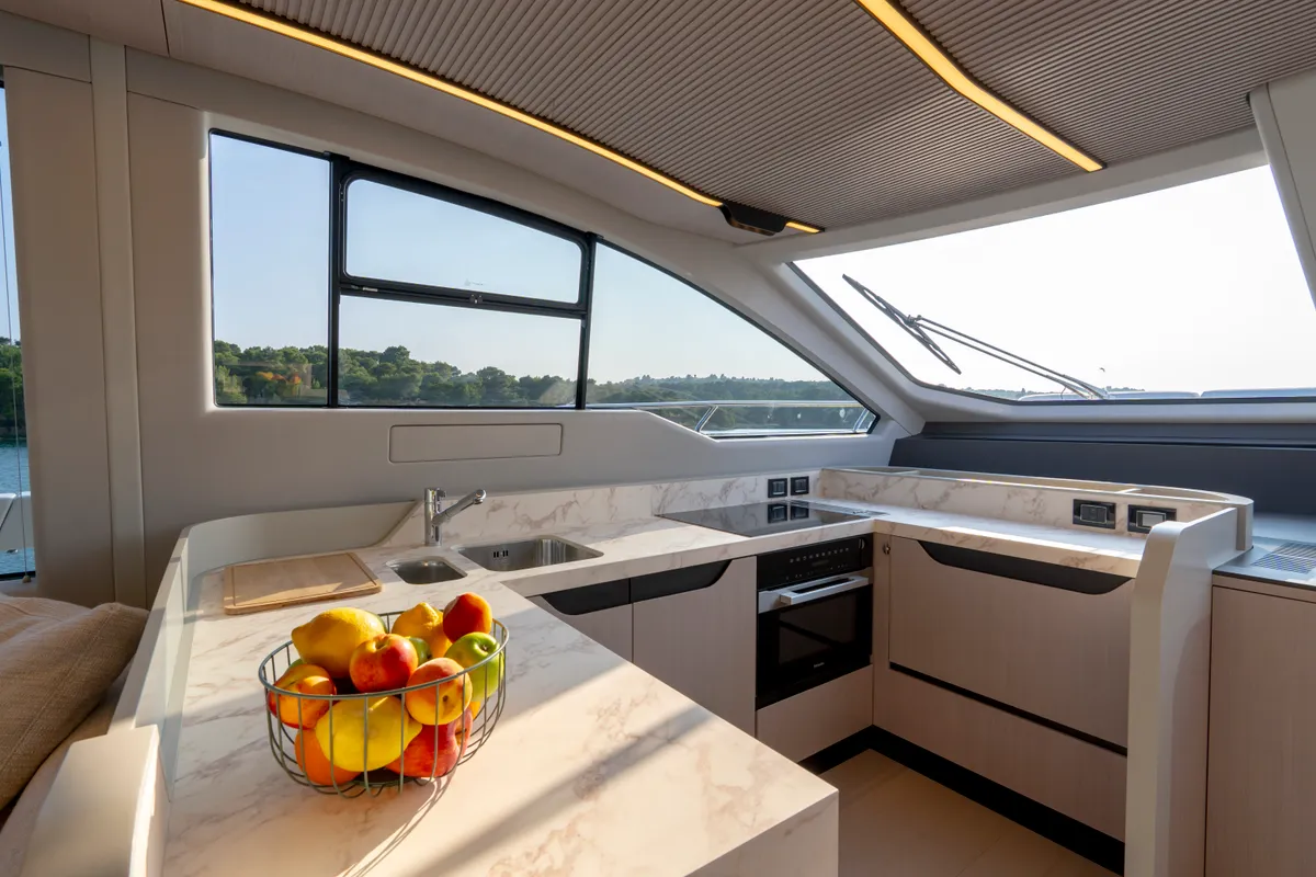 Galley of Felicita, a Azimut S7 motor yacht at Grad Šibenik, Croatia