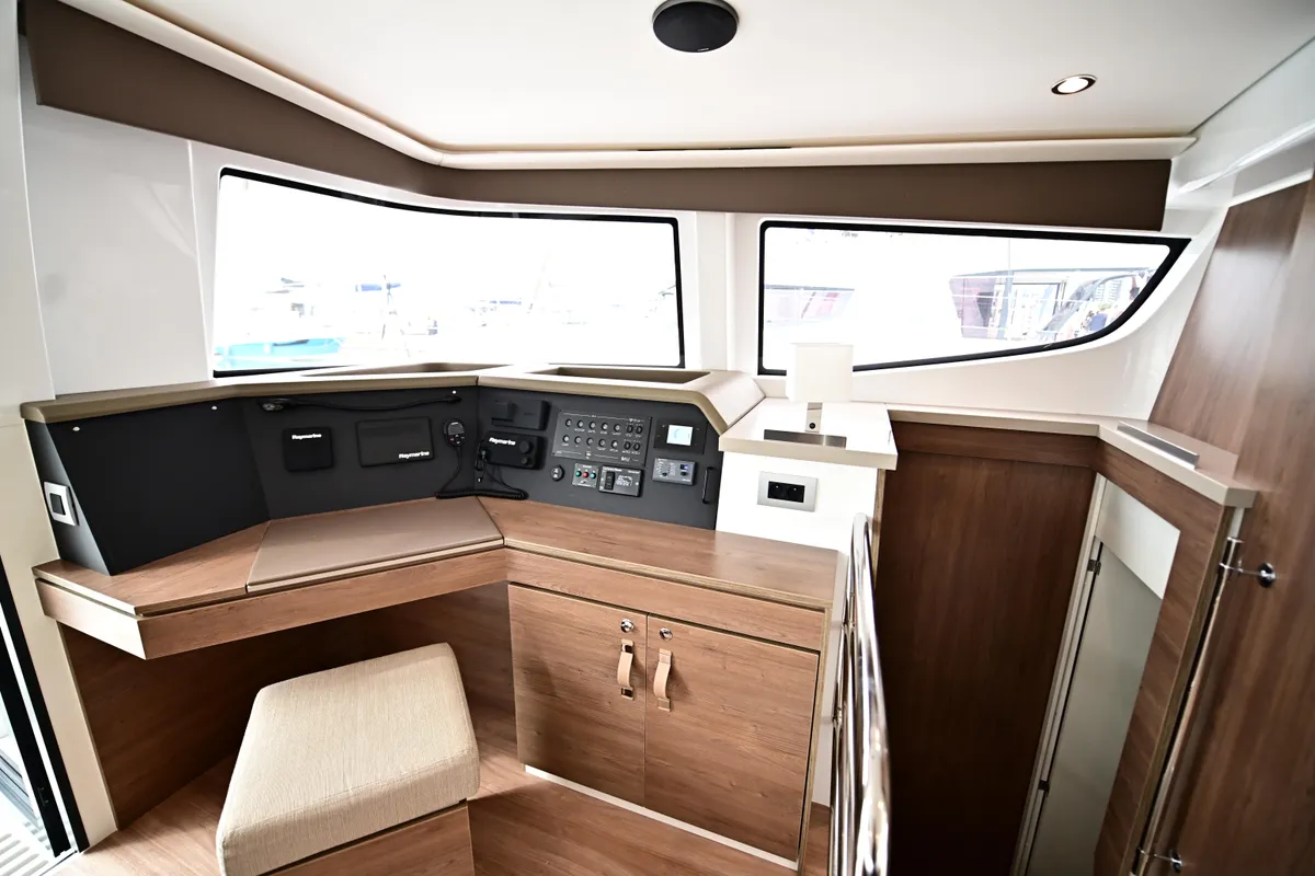 Cockpit of Archè, a Bali 4.4 catamaran at Salerno, Italy