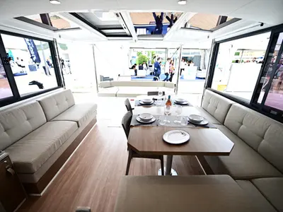 Salon of Archè, a Bali 4.4 catamaran at Salerno, Italy