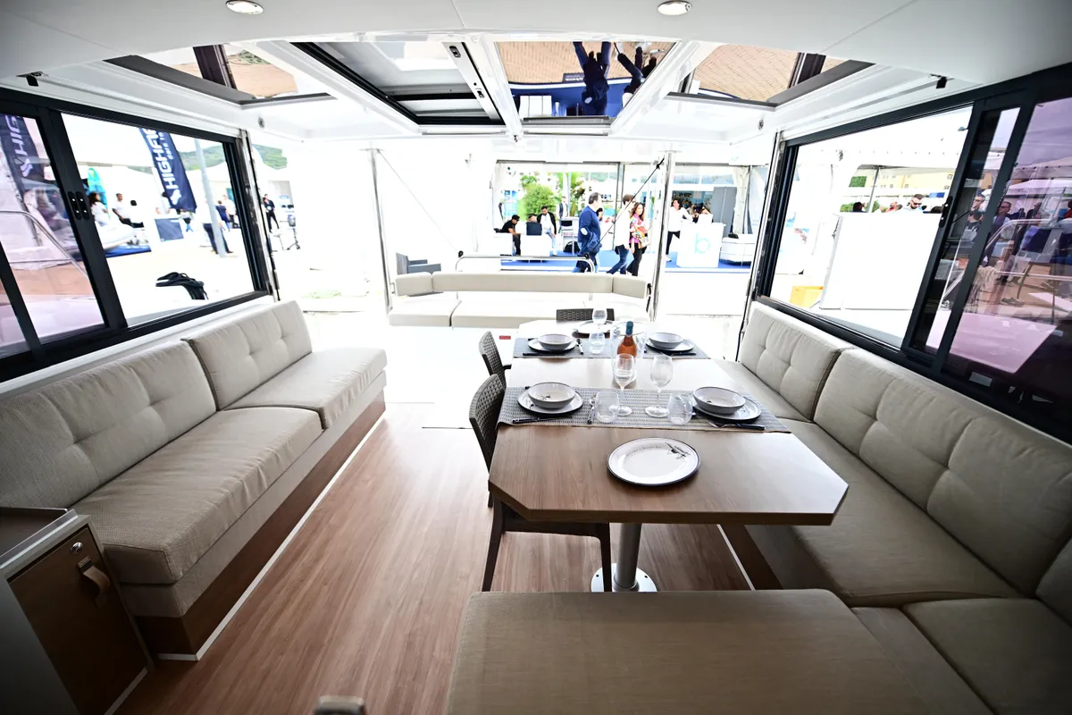 Salon of Archè, a Bali 4.4 catamaran at Salerno, Italy