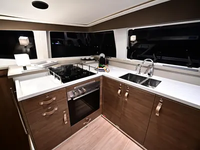 Deck of Archè, a Bali 4.4 catamaran at Salerno, Italy
