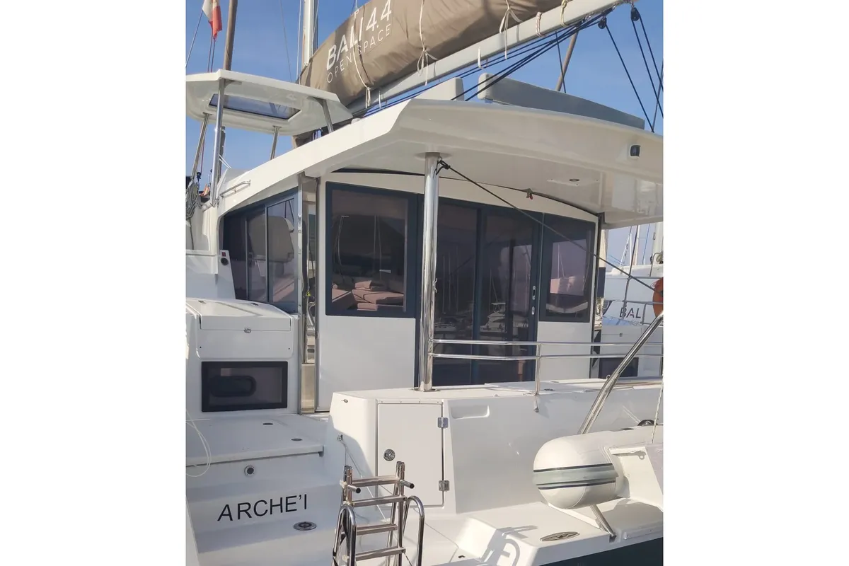 Exterior view of Archè, a Bali 4.4 catamaran at Salerno, Italy
